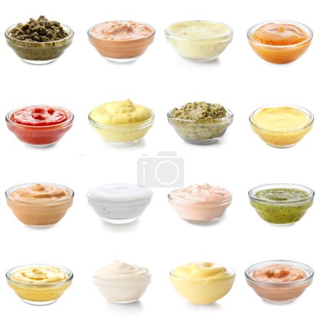 Photo for Group of natural sauces in bowls on white background - Royalty Free Image