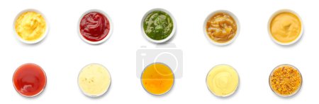 Photo for Collage of tasty sauces in bowls on white background, top view - Royalty Free Image