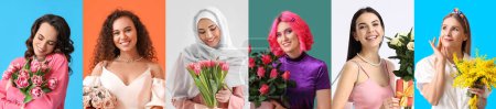 Collage with different beautiful women holding flowers