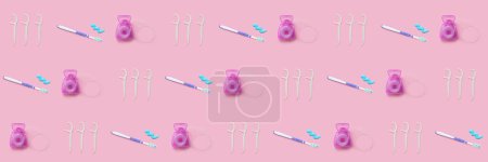 Photo for Many toothbrushes with dental floss and toothpicks on pink background. Pattern for design - Royalty Free Image