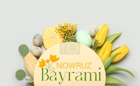 Téléchargez les photos : Greeting card for Novruz Bayram with flowers, eggs and sweets on light background - en image libre de droit