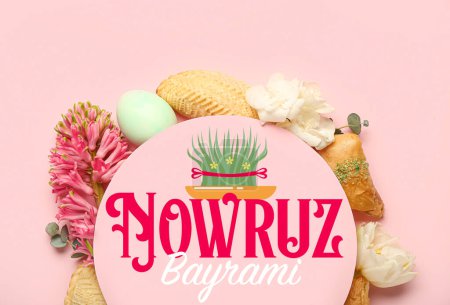 Foto de Greeting card for Novruz Bayram with flowers, eggs and sweets on pink background - Imagen libre de derechos