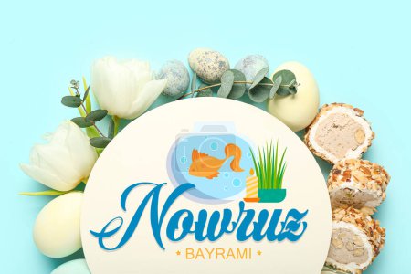 Foto de Greeting card for Novruz Bayram with flowers, eggs and sweets on light blue background - Imagen libre de derechos
