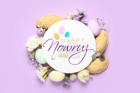 Foto de Greeting card for Novruz Bayram with flowers, eggs and shekarbura on lilac background - Imagen libre de derechos