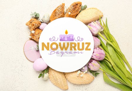 Foto de Greeting card for Novruz Bayram with flowers, eggs and sweets on light background - Imagen libre de derechos