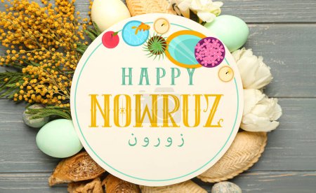 Foto de Greeting card for Novruz Bayram with flowers, eggs and sweets on wooden background - Imagen libre de derechos