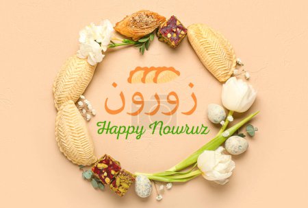 Foto de Greeting card for Novruz Bayram with flowers, eggs and sweets - Imagen libre de derechos