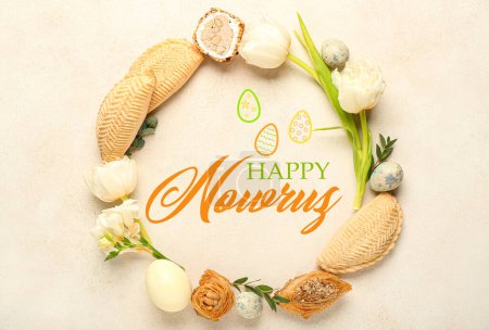 Téléchargez les photos : Greeting card for Novruz Bayram with flowers, eggs and sweets - en image libre de droit