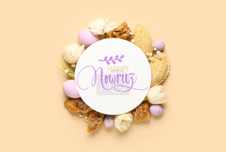 Téléchargez les photos : Greeting card for Novruz Bayram with flowers, eggs and sweets on beige background - en image libre de droit
