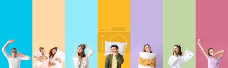 Photo for Collage of different young people with pillows and sleep masks on color background - Royalty Free Image
