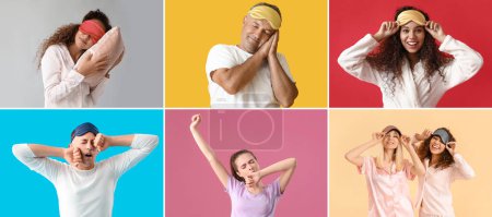 Photo for Collage of different people with pillows and sleep masks on color background - Royalty Free Image