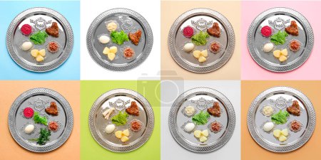 Photo for Collage with Passover Seder plates on color background - Royalty Free Image