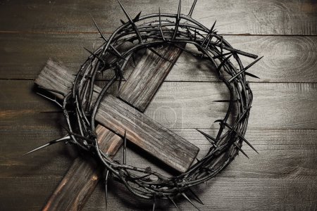 Photo for Crown of thorns with cross on dark wooden background - Royalty Free Image