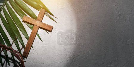 Photo for Crown of thorns, wooden cross and palm leaf on light background with space for text. Good Friday concept - Royalty Free Image