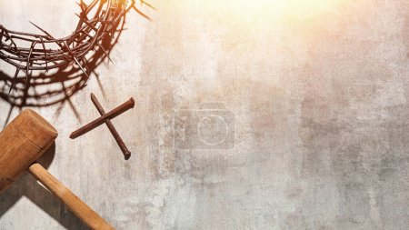 Photo for Crown of thorns, cross and mallet on grunge background with space for text. Good Friday concept - Royalty Free Image