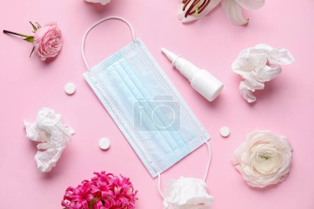 Photo for Nasal drops with pills, flowers, medical mask and tissues on pink background. Seasonal allergy concept - Royalty Free Image
