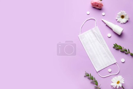 Photo for Nasal drops with pills, flowers and medical mask on lilac background. Seasonal allergy concept - Royalty Free Image