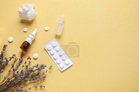 Photo for Bottles of drops with pills, flowers and tissue on yellow background. Seasonal allergy concept - Royalty Free Image