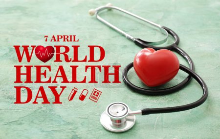 Stethoscope and heart on color background. World Health Day