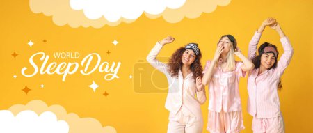 Photo for Banner for International Sleep Day with beautiful young women in pajamas on yellow background - Royalty Free Image