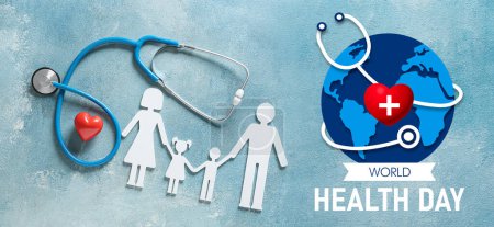 Figure of family and stethoscope with heart on blue background. World Health Day