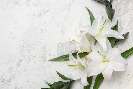 Foto de Composición con hermosas flores de lirio y ramas de plantas sobre fondo claro - Imagen libre de derechos