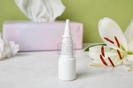 Photo for Nasal drops on white table. Seasonal allergy concept - Royalty Free Image
