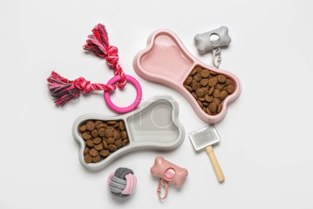 Bowls of dry pet food and accessories on light background