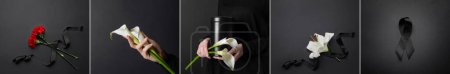 Téléchargez les photos : Collage de rubans funéraires noirs avec fleurs et urne mortuaire sur fond sombre - en image libre de droit