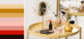 Set of makeup cosmetics with brushes and mirror on table. Different color patterns Poster #645096380