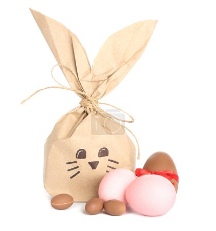Bunny gift bag and Easter eggs isolated on white background