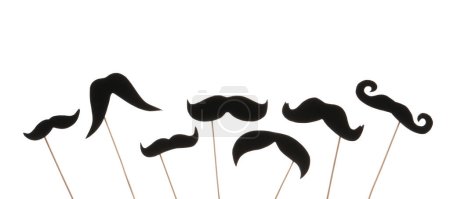 Photo for Set of different paper mustaches on wooden sticks against white background - Royalty Free Image