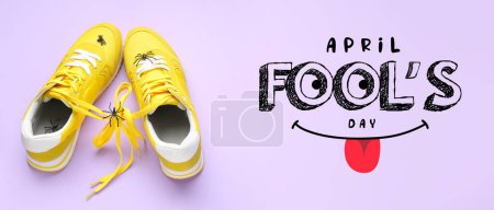 Photo for Sneakers with tied shoe laces and spiders on lilac background. April Fools' Day celebration - Royalty Free Image