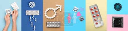 Téléchargez les photos : Collage de différents moyens contraceptifs sur fond de couleur. - en image libre de droit