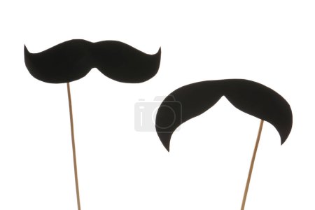 Photo for Wooden sticks with paper mustaches isolated on white background, closeup - Royalty Free Image