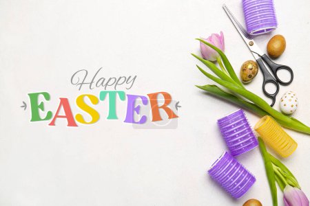 Greeting card for Happy Easter with hairdresser's supplies on light background