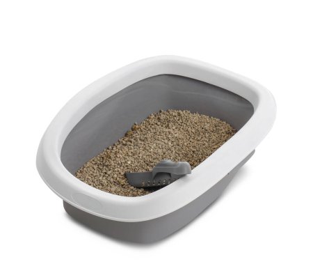 Caja de arena para gato sobre fondo blanco