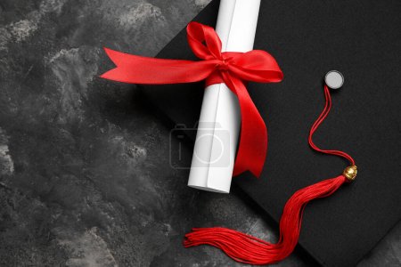 Foto de Diploma con cinta roja y sombrero de graduación sobre mesa gris oscuro - Imagen libre de derechos