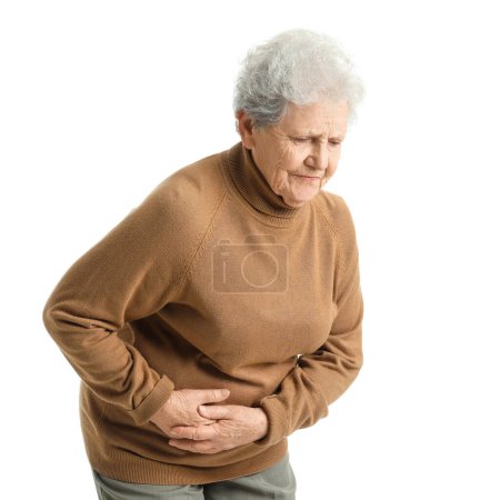 Téléchargez les photos : Femme âgée avec appendicite sur fond blanc - en image libre de droit