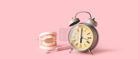 Foto de Reloj despertador, modelo de mandíbula y cepillo de dientes sobre fondo rosa - Imagen libre de derechos