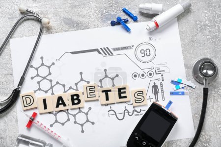 Photo for Word DIABETES with medical supplies on grunge background - Royalty Free Image