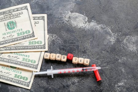 Word DIABETES, syringe with insulin and money on dark background. Expensive medicine concept