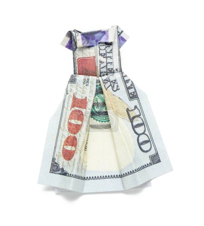 Foto de Vestido de origami hecho de billete de dólar sobre fondo blanco - Imagen libre de derechos