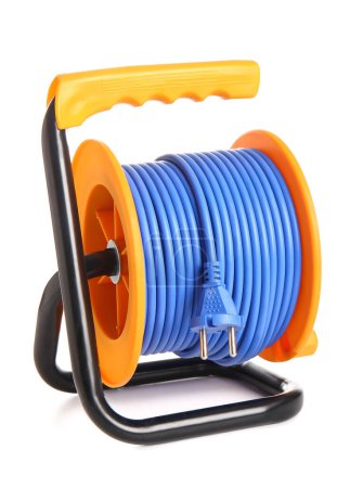 Extension electric cable reel on white background