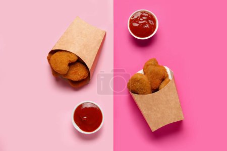 Téléchargez les photos : Boîtes en papier avec de savoureuses pépites et ketchup sur fond rose - en image libre de droit