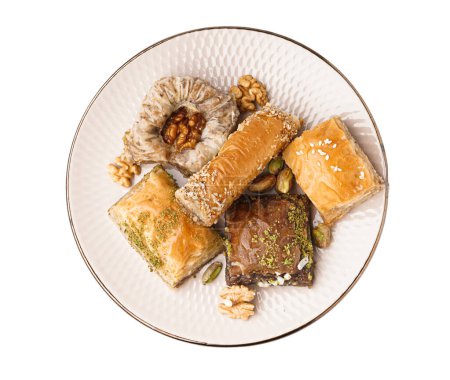Photo for Plate with tasty baklava on white background - Royalty Free Image