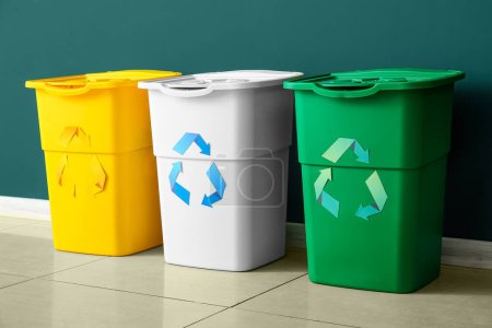 Verschiedene Mülltonnen mit Recycling-Symbol in der Nähe der grünen Mauer