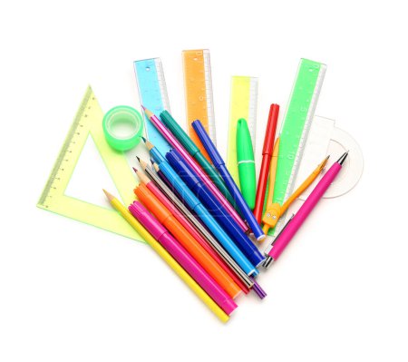 Photo for Colorful stationery supplies on white background - Royalty Free Image