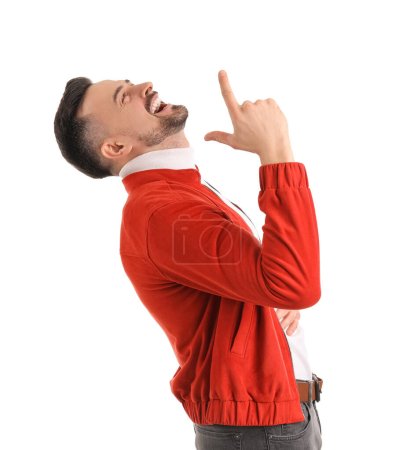 Photo for Handsome man showing loser gesture on white background - Royalty Free Image