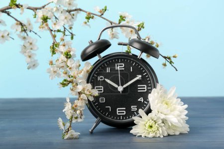 Blooming spring branches with chrysanthemums and black alarm clock on blue background